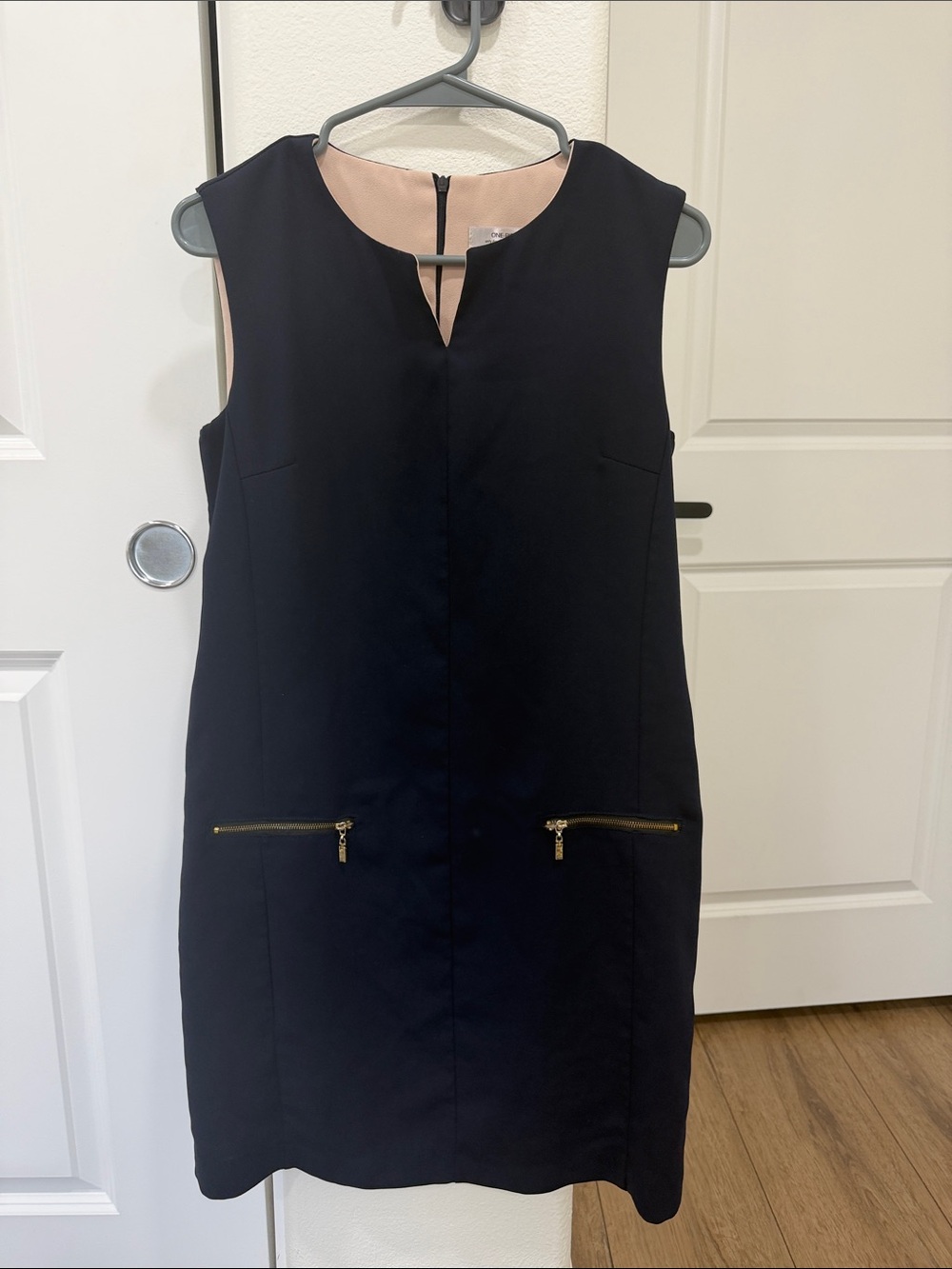 Onepiece Black Shift Dress with Pink Lining and Gold Zippers